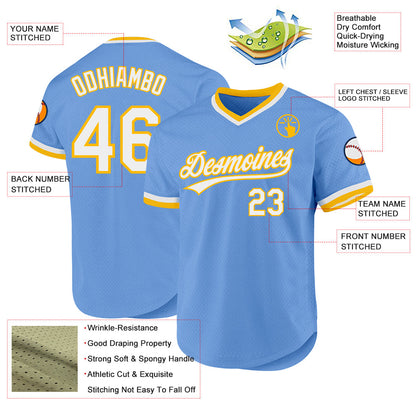 Custom Light Blue White-Gold Authentic Throwback Baseball Jersey - Sky-Custom