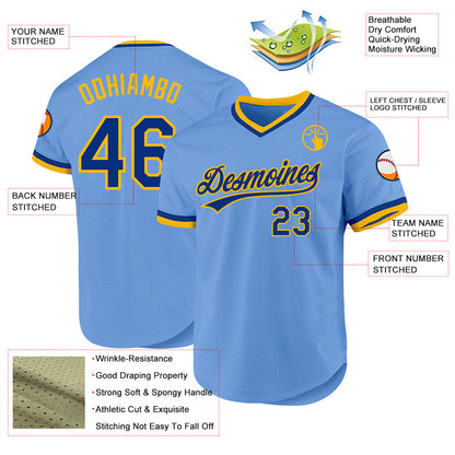 Custom Light Blue Royal-Gold Authentic Throwback Baseball Jersey - Sky-Custom