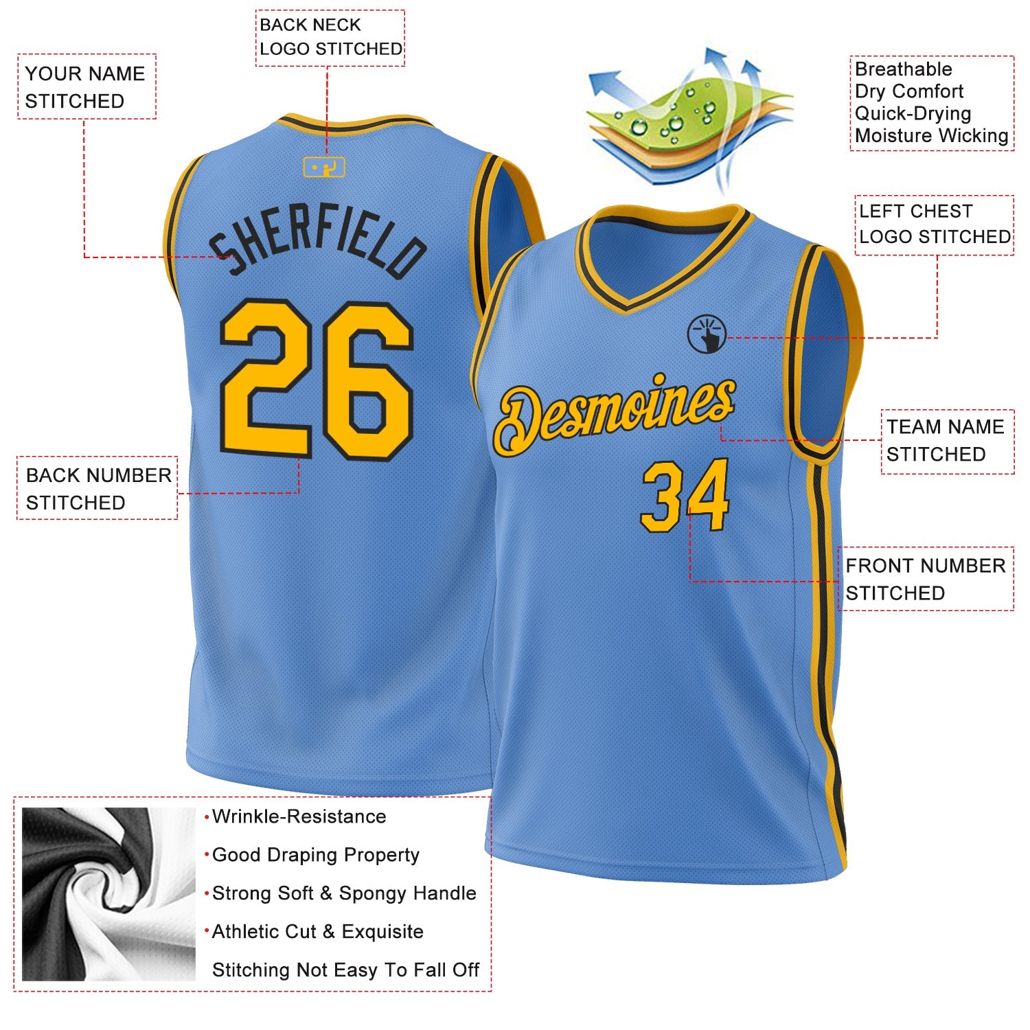 Custom Light Blue Gold-Black Authentic Throwback Basketball Jersey - Sky-Custom