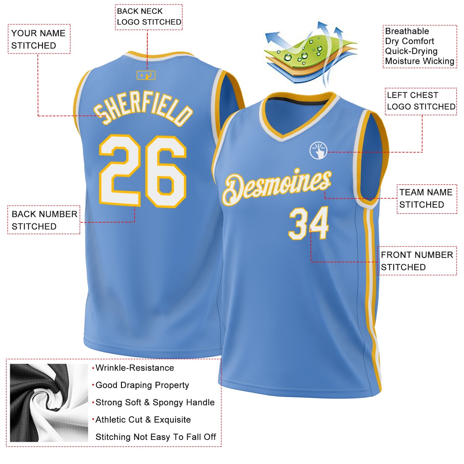 Custom Light Blue White-Gold Authentic Throwback Basketball Jersey - Sky-Custom