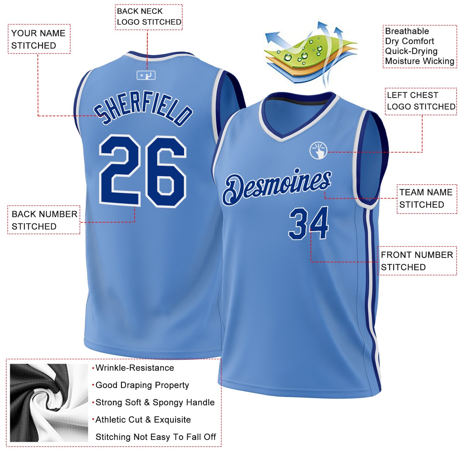 Custom Light Blue Royal-White Authentic Throwback Basketball Jersey - Sky-Custom