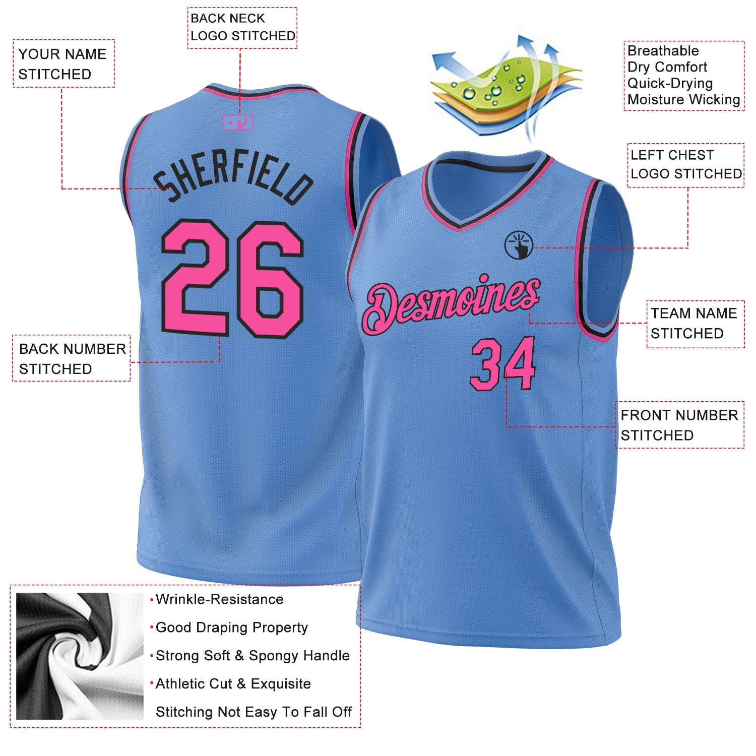 Custom Light Blue Pink-Black Authentic Throwback Basketball Jersey - Sky-Custom