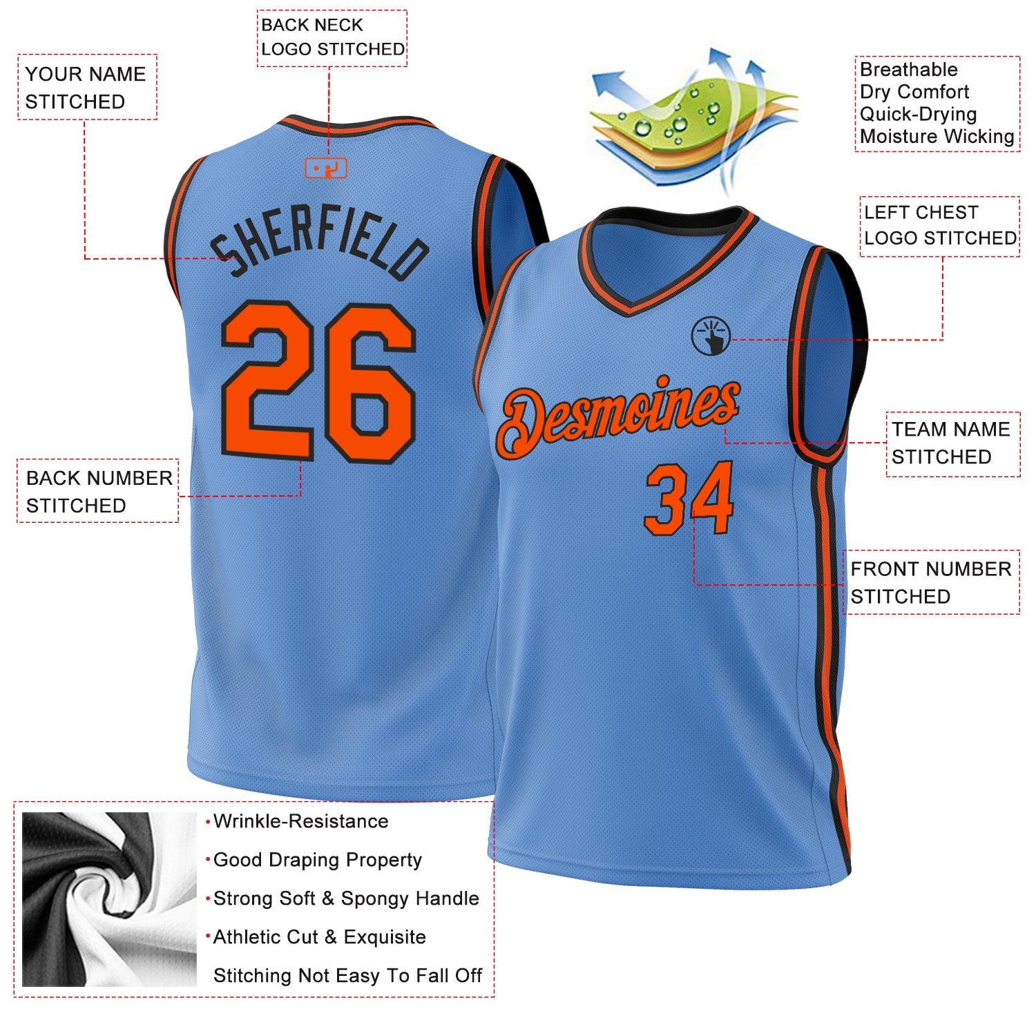 Custom Light Blue Orange-Black Authentic Throwback Basketball Jersey - Sky-Custom
