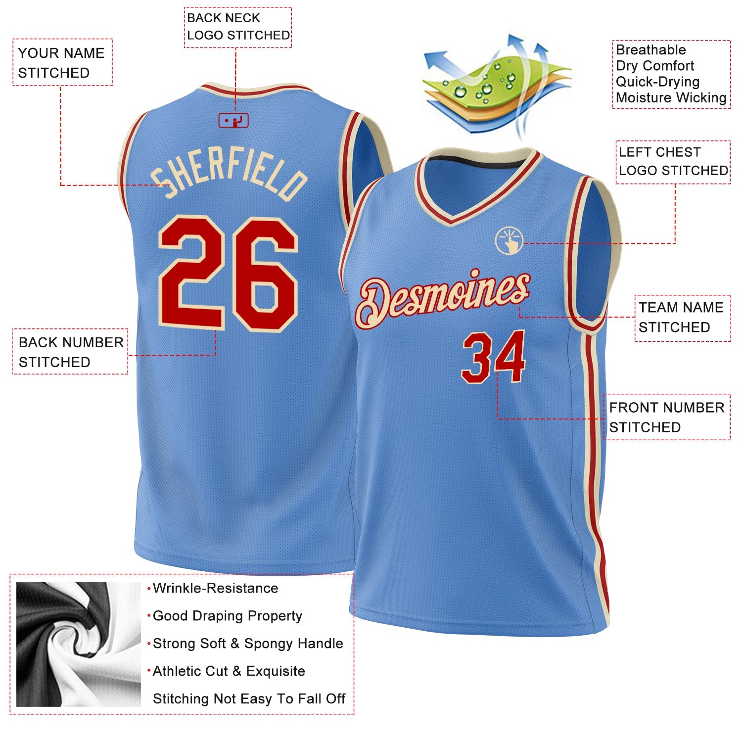 Custom Light Blue Red-Cream Authentic Throwback Basketball Jersey - Sky-Custom