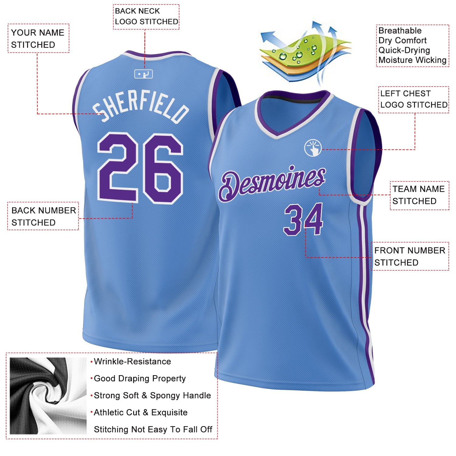 Custom Light Blue Purple-White Authentic Throwback Basketball Jersey - Sky-Custom