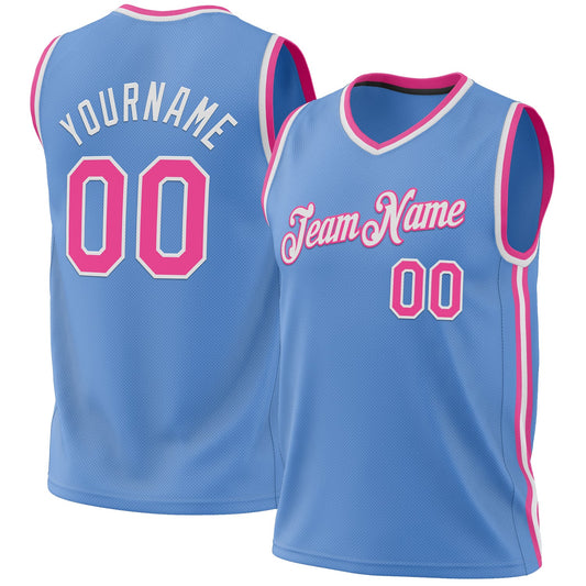 Custom Light Blue Pink-White Authentic Throwback Basketball Jersey - Sky-Custom