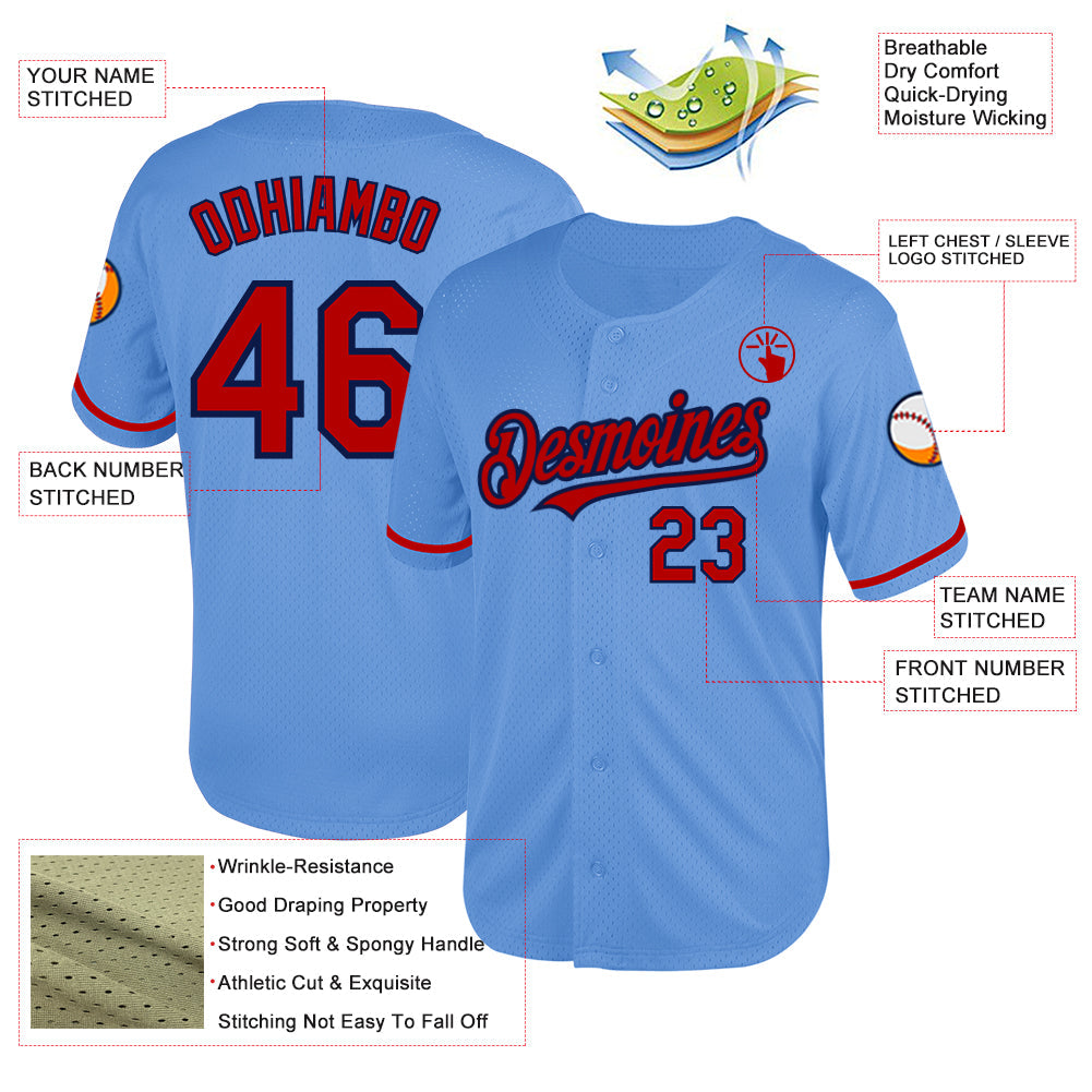 Custom Light Blue Red-Navy Mesh Authentic Throwback Baseball Jersey - Sky-Custom