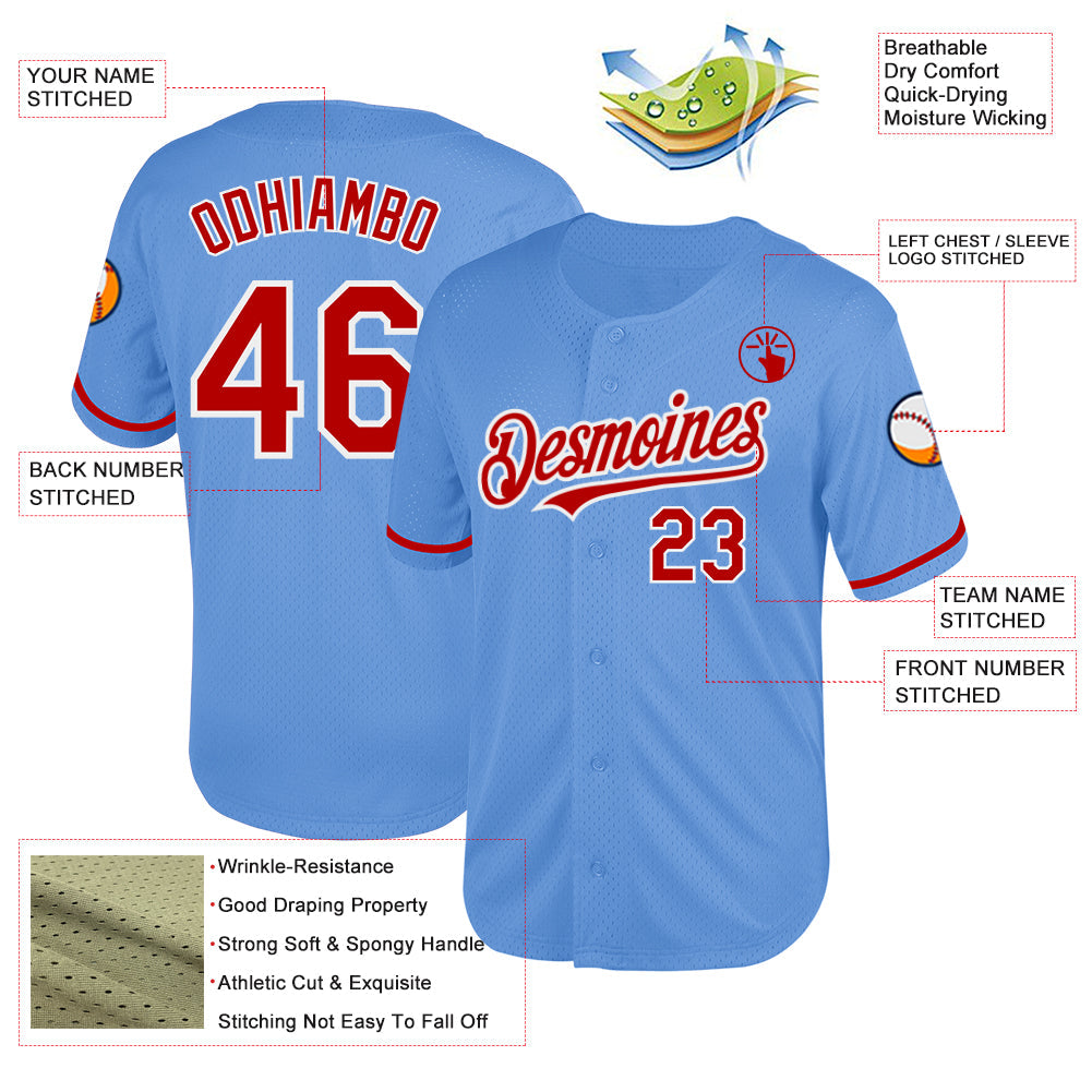 Custom Light Blue Red-White Mesh Authentic Throwback Baseball Jersey - Sky-Custom