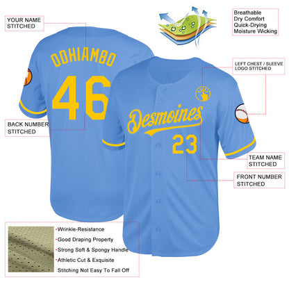 Custom Light Blue Yellow Mesh Authentic Throwback Baseball Jersey - Sky-Custom