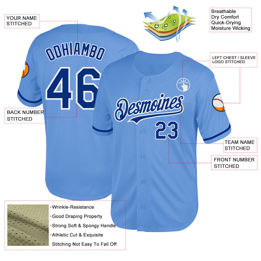 Custom Light Blue Royal-White Mesh Authentic Throwback Baseball Jersey - Sky-Custom