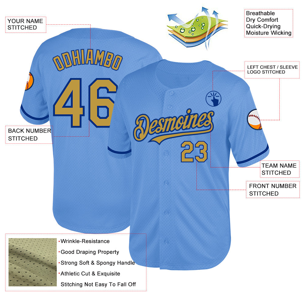 Custom Light Blue Old Gold-Royal Mesh Authentic Throwback Baseball Jersey - Sky-Custom