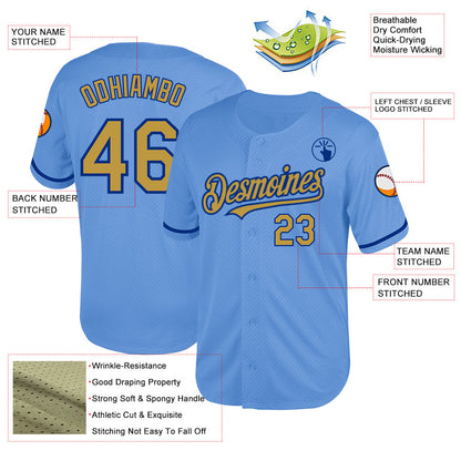 Custom Light Blue Old Gold-Royal Mesh Authentic Throwback Baseball Jersey - Sky-Custom