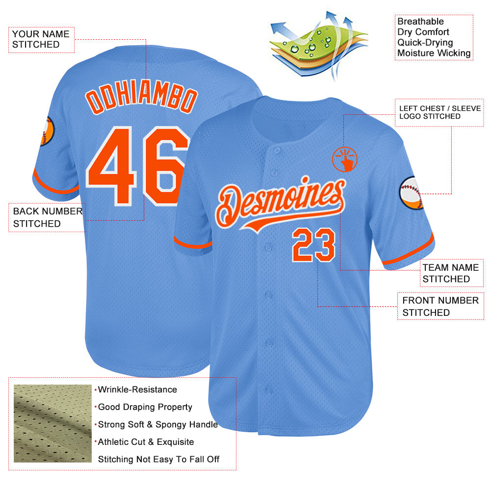 Custom Light Blue Orange-White Mesh Authentic Throwback Baseball Jersey - Sky-Custom