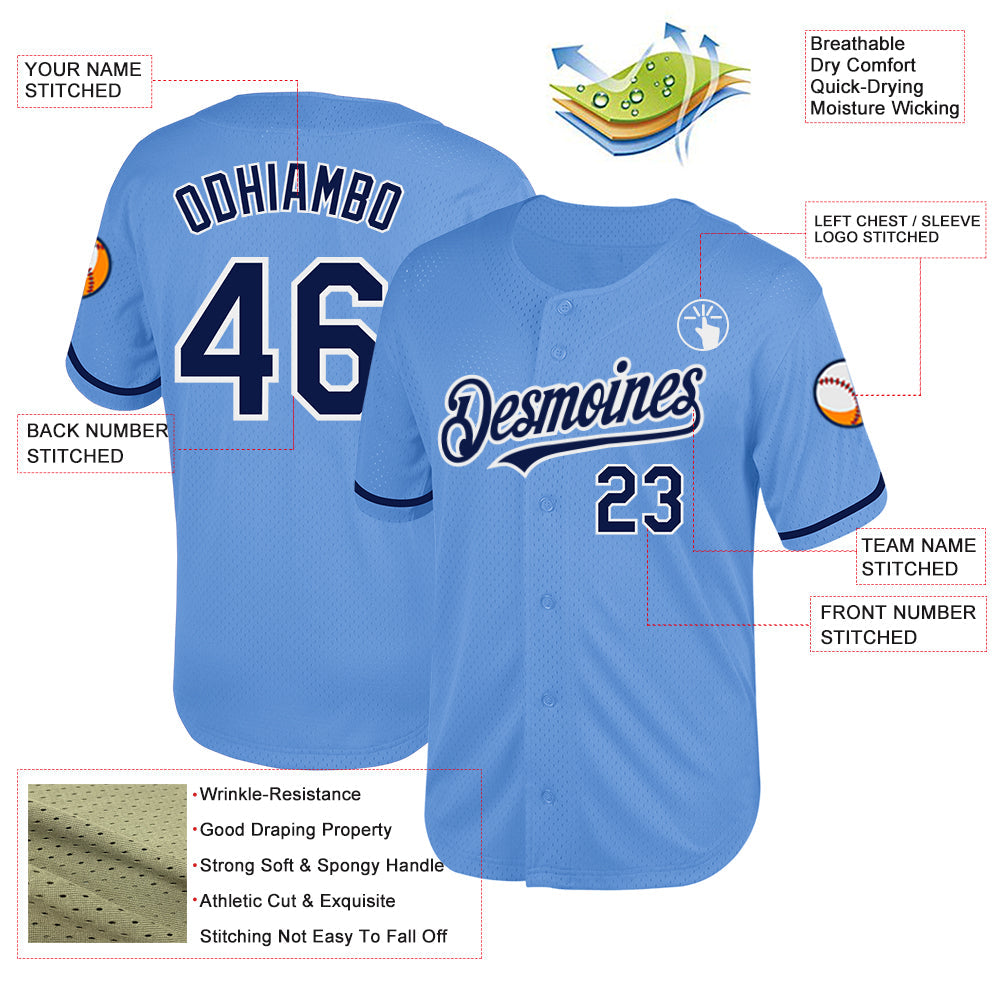 Custom Light Blue Navy-White Mesh Authentic Throwback Baseball Jersey - Sky-Custom