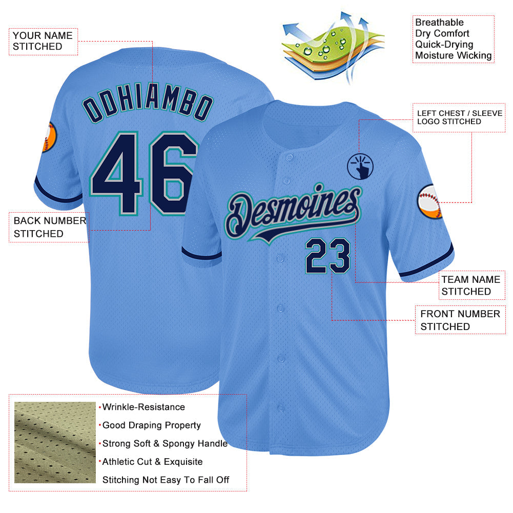 Custom Light Blue Navy Gray-Teal Mesh Authentic Throwback Baseball Jersey - Sky-Custom