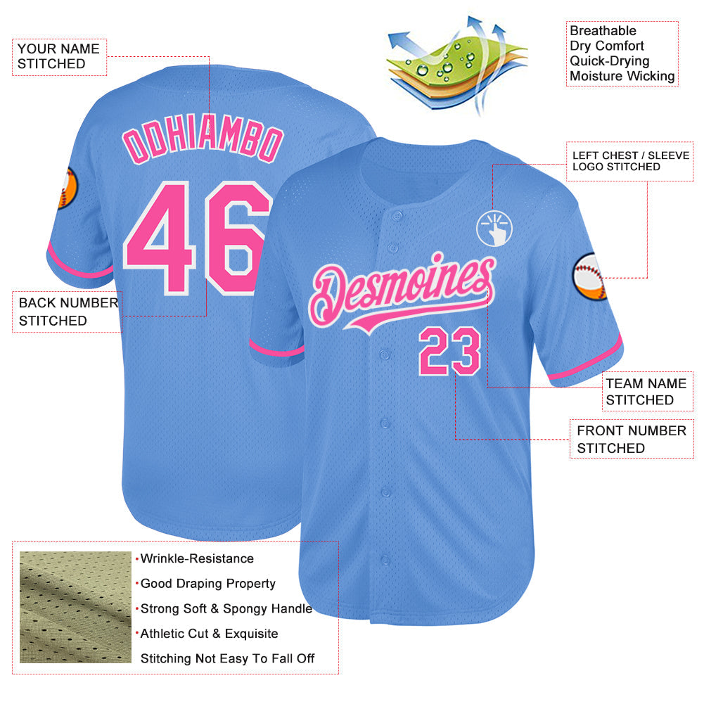 Custom Light Blue Pink-White Mesh Authentic Throwback Baseball Jersey - Sky-Custom