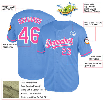 Custom Light Blue Pink-White Mesh Authentic Throwback Baseball Jersey - Sky-Custom