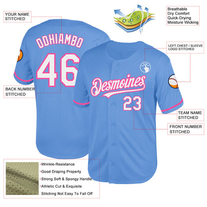 Custom Light Blue White-Pink Mesh Authentic Throwback Baseball Jersey - Sky-Custom