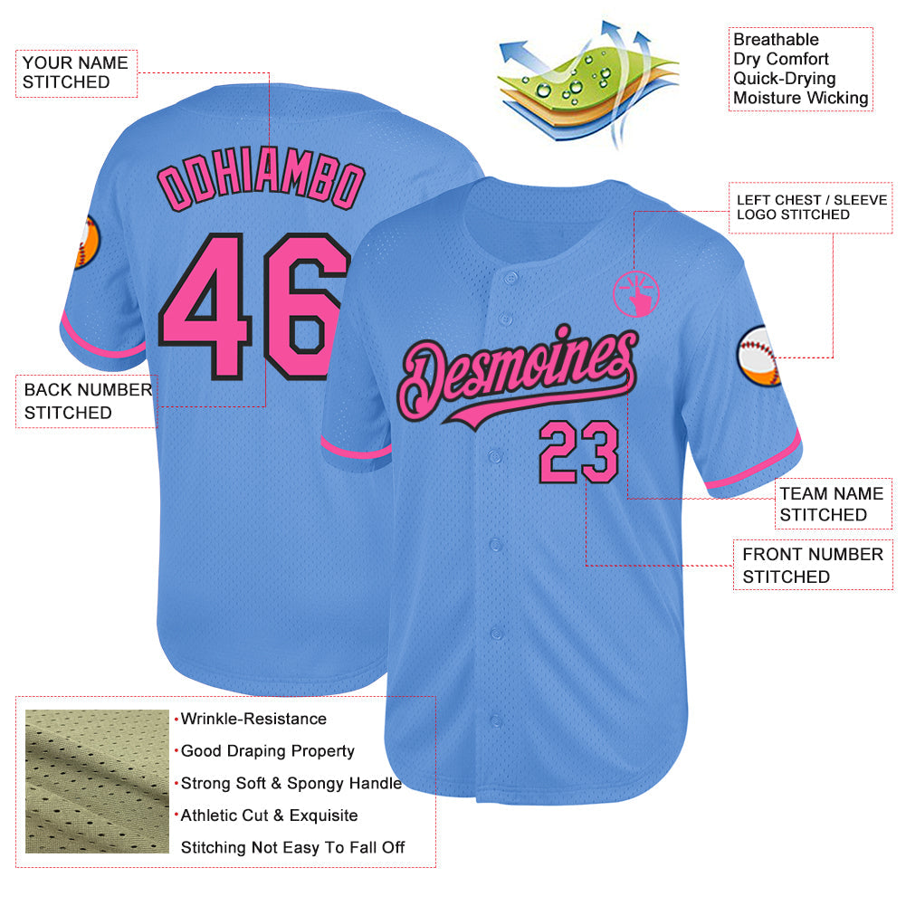 Custom Light Blue Pink-Black Mesh Authentic Throwback Baseball Jersey - Sky-Custom