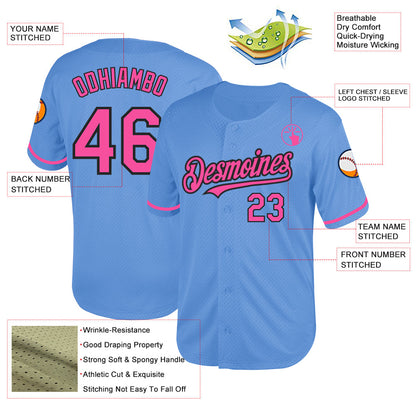 Custom Light Blue Pink-Black Mesh Authentic Throwback Baseball Jersey - Sky-Custom