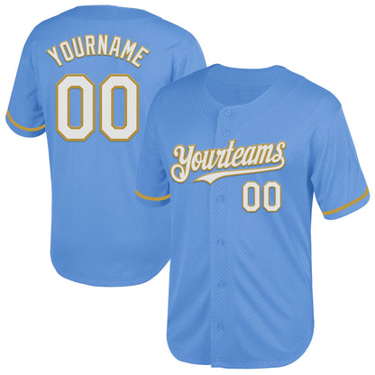 Custom Light Blue White-Old Gold Mesh Authentic Throwback Baseball Jersey - Sky-Custom