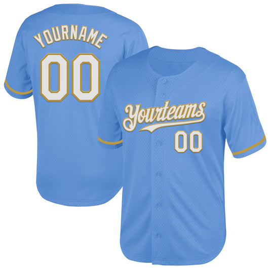 Custom Light Blue White-Old Gold Mesh Authentic Throwback Baseball Jersey - Sky-Custom