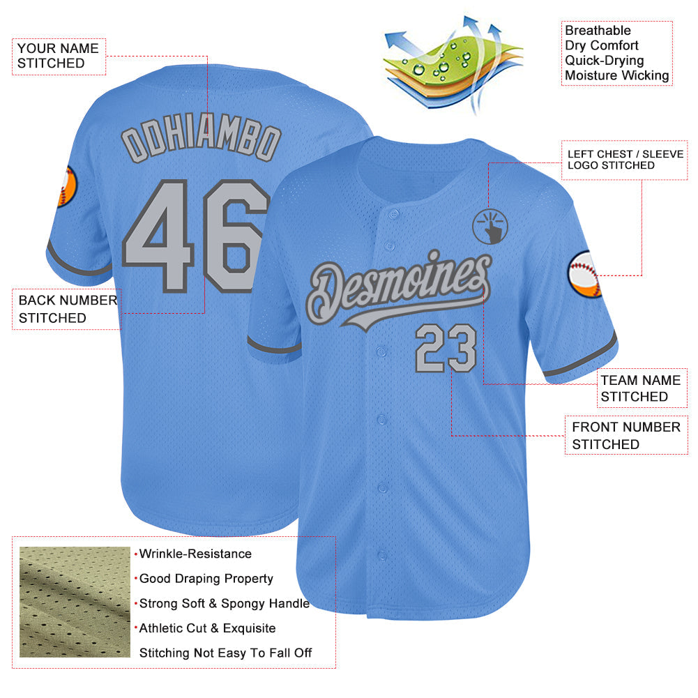 Custom Light Blue Gray-Steel Gray Mesh Authentic Throwback Baseball Jersey - Sky-Custom