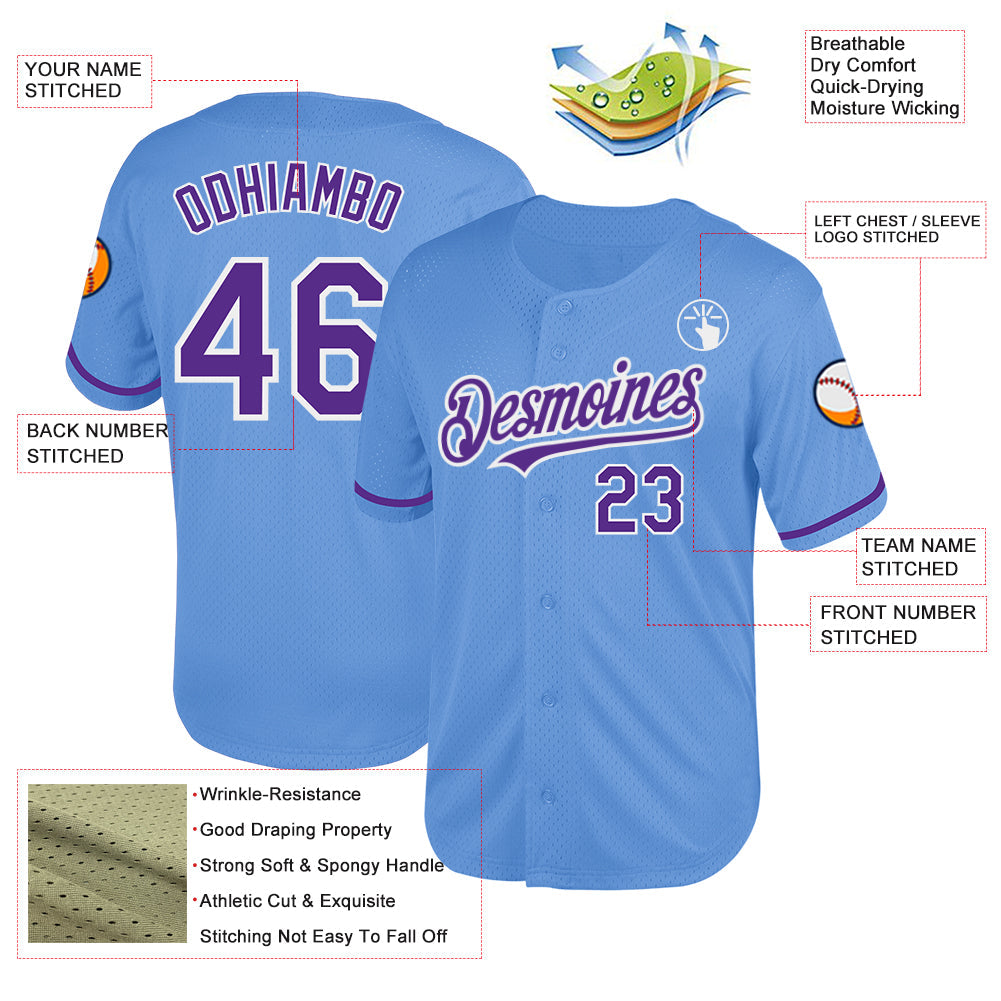 Custom Light Blue Purple-White Mesh Authentic Throwback Baseball Jersey - Sky-Custom