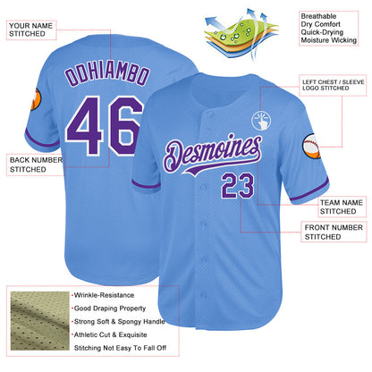 Custom Light Blue Purple-White Mesh Authentic Throwback Baseball Jersey - Sky-Custom
