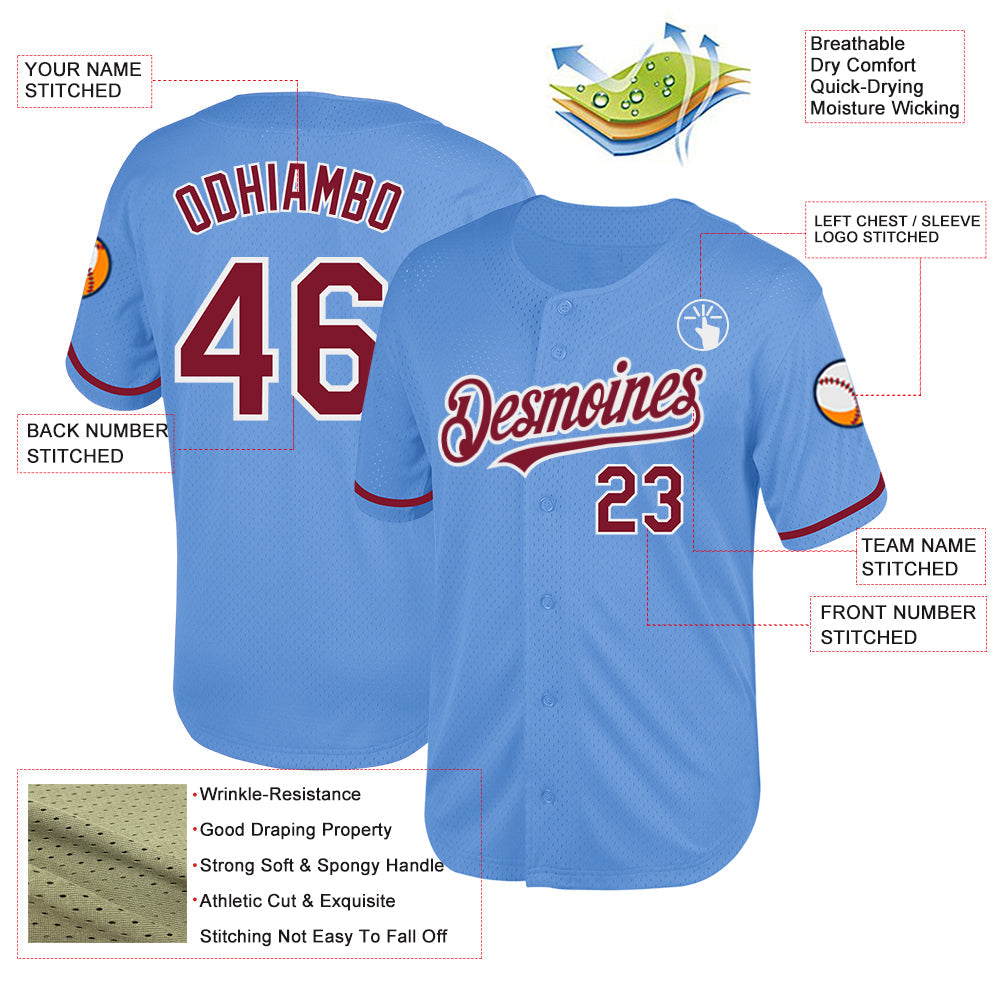 Custom Light Blue Crimson-White Mesh Authentic Throwback Baseball Jersey - Sky-Custom