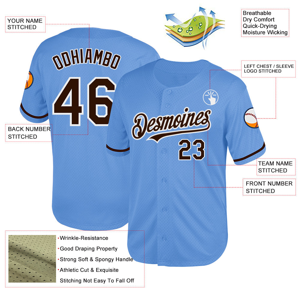 Custom Light Blue Brown-White Mesh Authentic Throwback Baseball Jersey - Sky-Custom