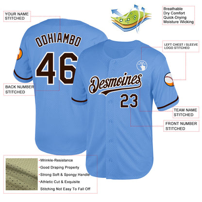 Custom Light Blue Brown-White Mesh Authentic Throwback Baseball Jersey - Sky-Custom