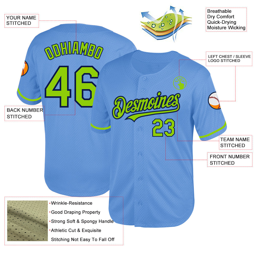 Custom Light Blue Neon Green-Navy Mesh Authentic Throwback Baseball Jersey - Sky-Custom