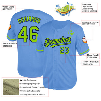 Custom Light Blue Neon Green-Navy Mesh Authentic Throwback Baseball Jersey - Sky-Custom