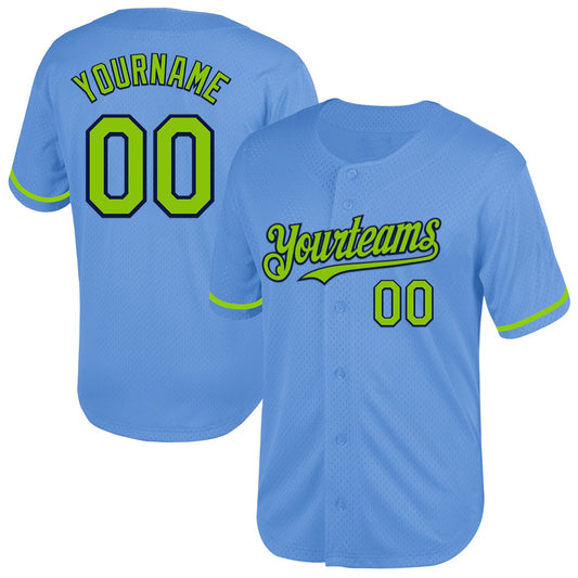 Custom Light Blue Neon Green-Navy Mesh Authentic Throwback Baseball Jersey - Sky-Custom