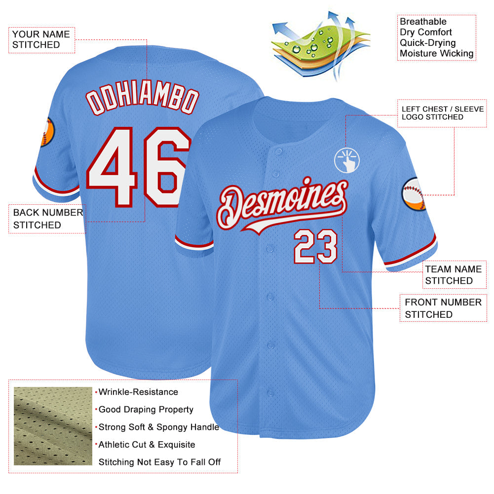 Custom Light Blue White-Red Mesh Authentic Throwback Baseball Jersey - Sky-Custom