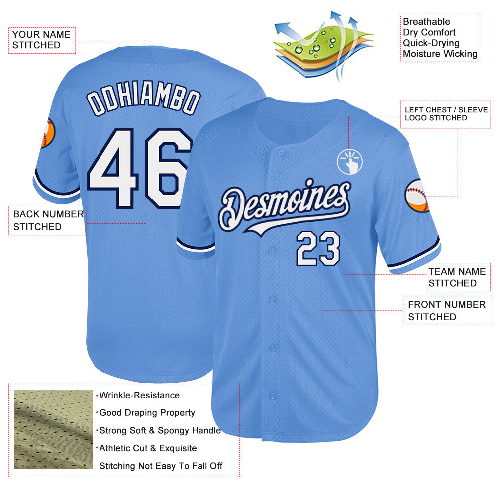 Custom Light Blue White-Navy Mesh Authentic Throwback Baseball Jersey - Sky-Custom