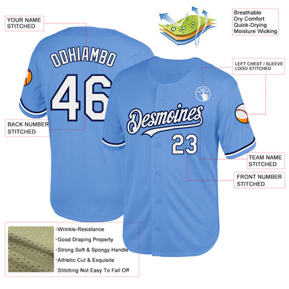 Custom Light Blue White-Navy Mesh Authentic Throwback Baseball Jersey - Sky-Custom