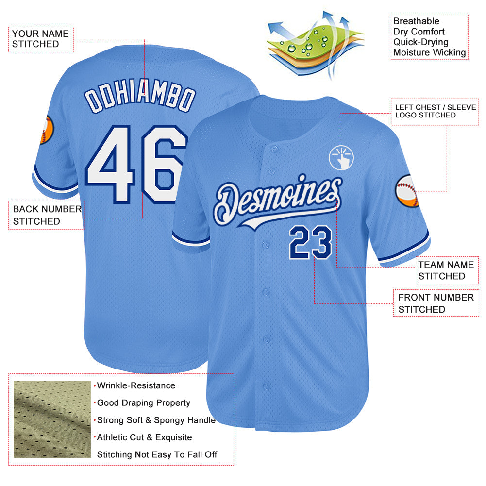 Custom Light Blue White-Royal Mesh Authentic Throwback Baseball Jersey - Sky-Custom