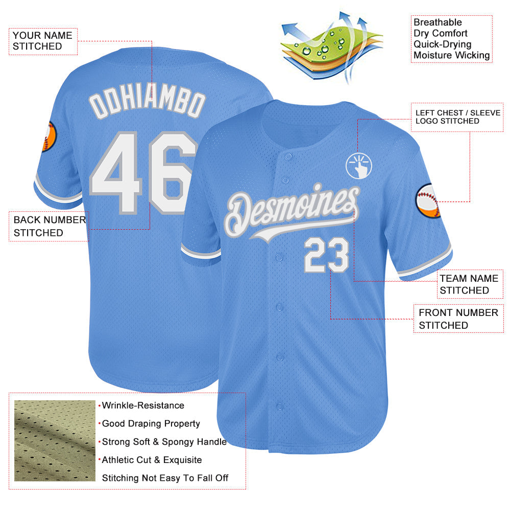 Custom Light Blue White-Gray Mesh Authentic Throwback Baseball Jersey - Sky-Custom