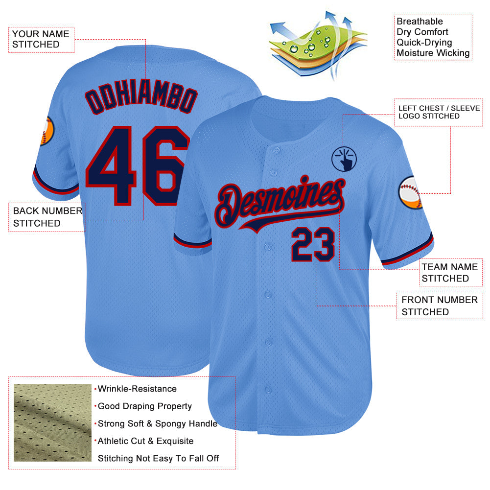 Custom Light Blue Navy-Red Mesh Authentic Throwback Baseball Jersey - Sky-Custom