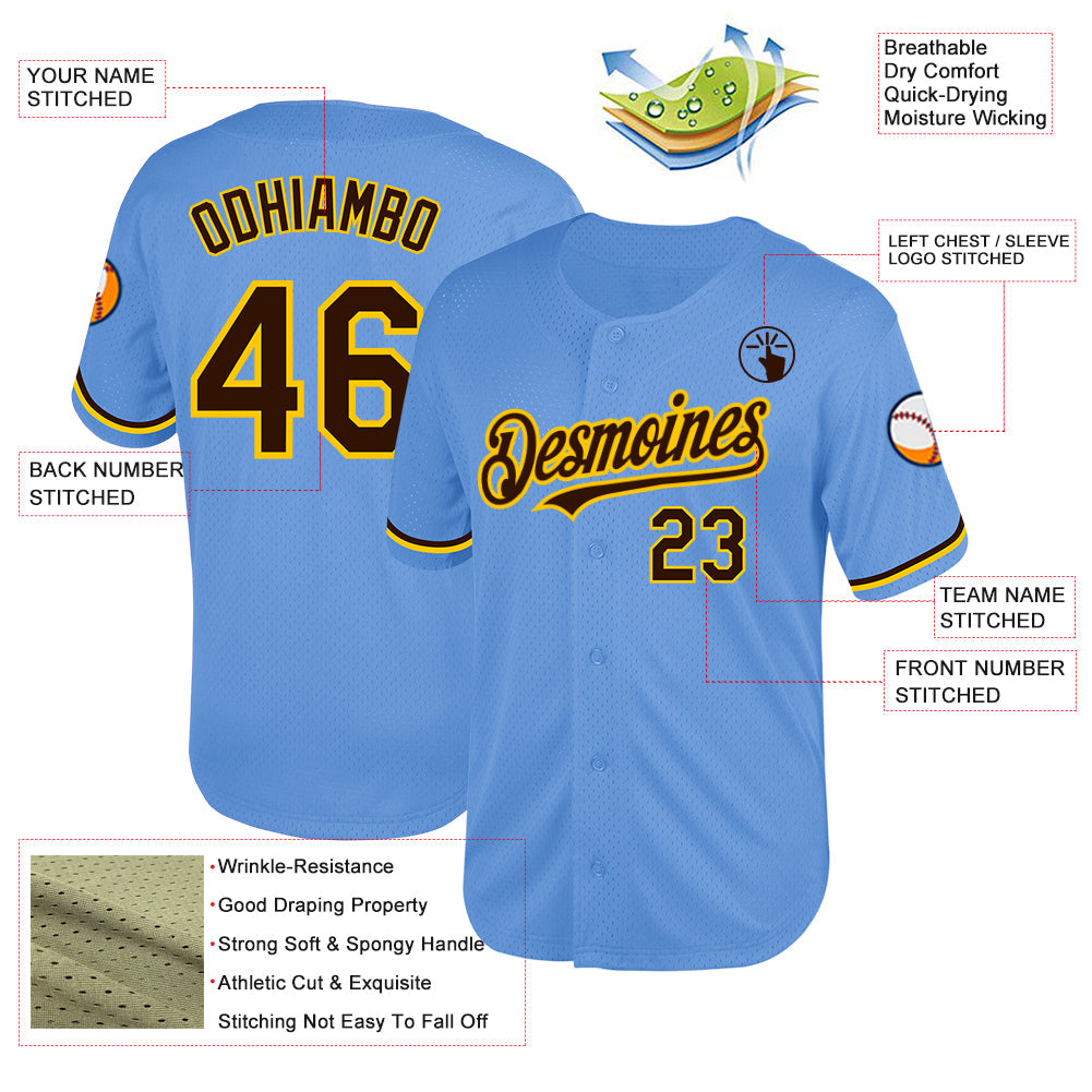 Custom Light Blue Brown-Yellow Mesh Authentic Throwback Baseball Jersey - Sky-Custom