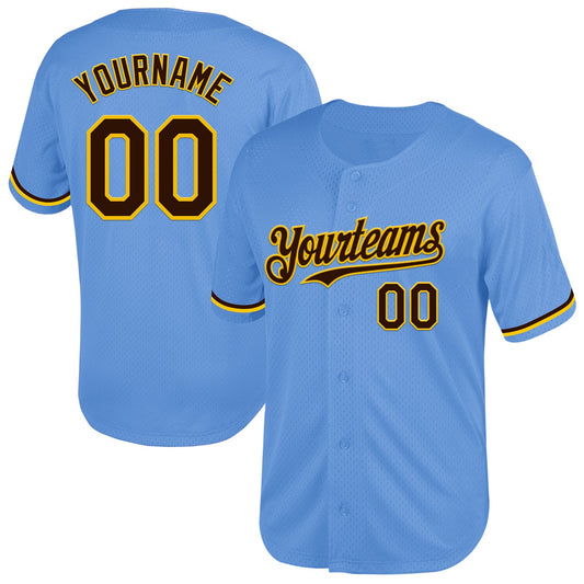 Custom Light Blue Brown-Yellow Mesh Authentic Throwback Baseball Jersey - Sky-Custom