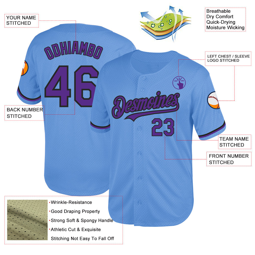 Custom Light Blue Purple-Black Mesh Authentic Throwback Baseball Jersey - Sky-Custom