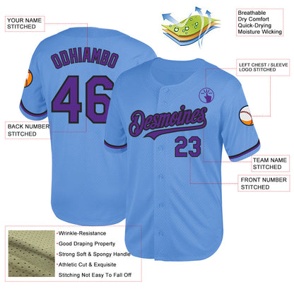 Custom Light Blue Purple-Black Mesh Authentic Throwback Baseball Jersey - Sky-Custom