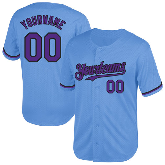 Custom Light Blue Purple-Black Mesh Authentic Throwback Baseball Jersey - Sky-Custom