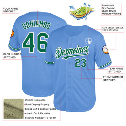 Custom Light Blue Kelly Green-White Mesh Authentic Throwback Baseball Jersey - Sky-Custom