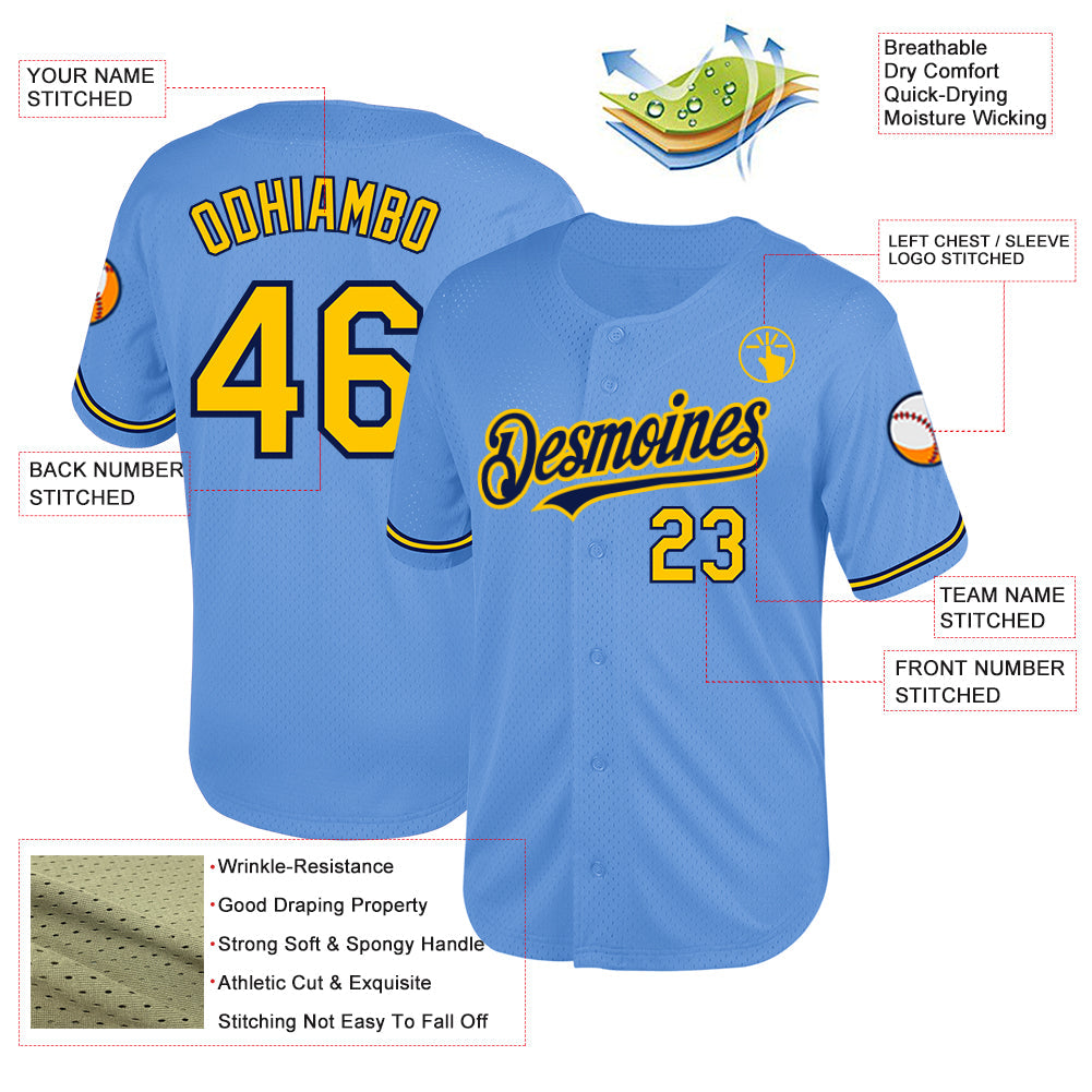 Custom Light Blue Yellow-Navy Mesh Authentic Throwback Baseball Jersey - Sky-Custom