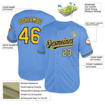 Custom Light Blue Yellow-Navy Mesh Authentic Throwback Baseball Jersey - Sky-Custom