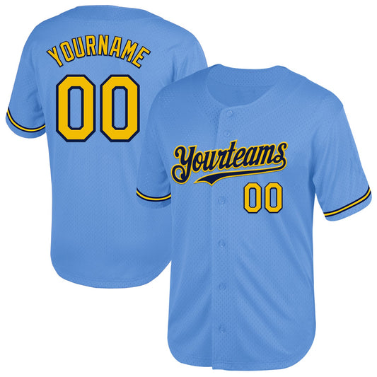 Custom Light Blue Yellow-Navy Mesh Authentic Throwback Baseball Jersey - Sky-Custom